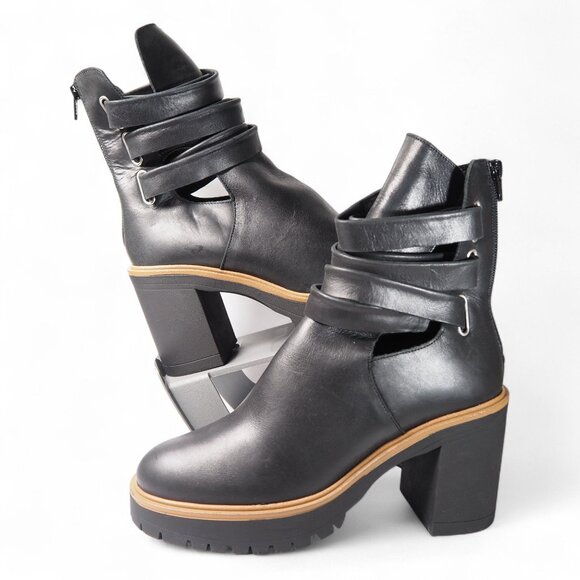 Free People Jesse Cutout Platform Chunky Heel Boots Women's 9/39.5 Black Leather - Picture 1 of 12